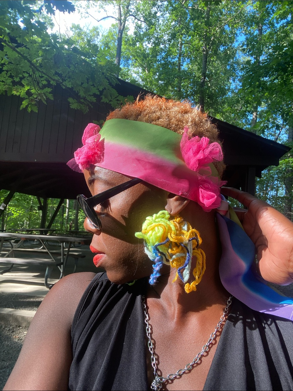 Colorful Tie-Dye Headscarf with Pink Floral Accents